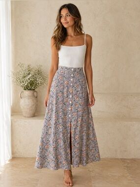 April Cornell Vintage Grey Ditsy Floral Pattern Cottagecore Maxi‎ Skirt